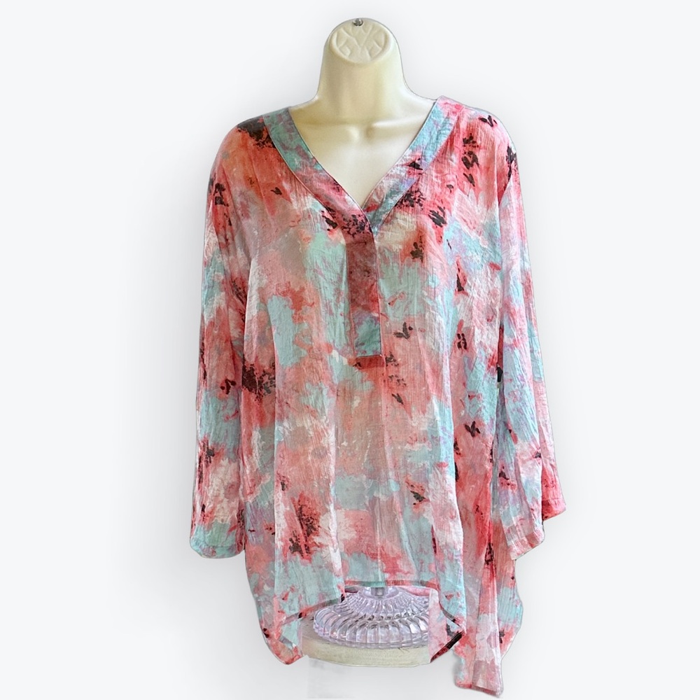 Romantic Ethereal Breezy Euro Summer Turquoise & Pink Flowy V-Neck Top Tunic ~XL